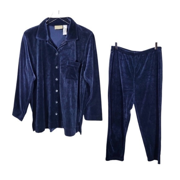 Liz Claiborne Lizwear Button Up Straight Leg Velour Set in Navy - Picture 1 of 12